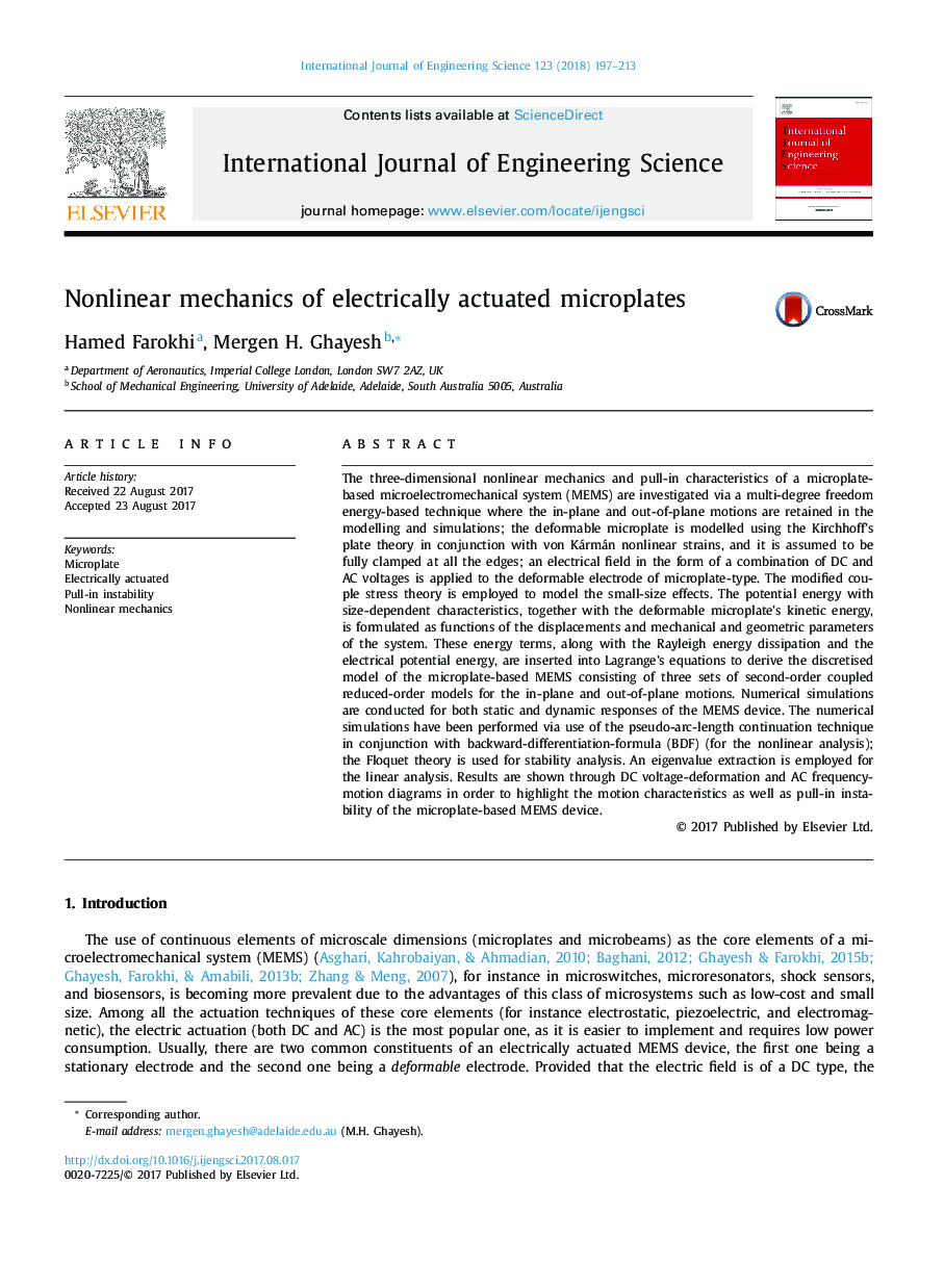 Nonlinear mechanics of electrically actuated microplates