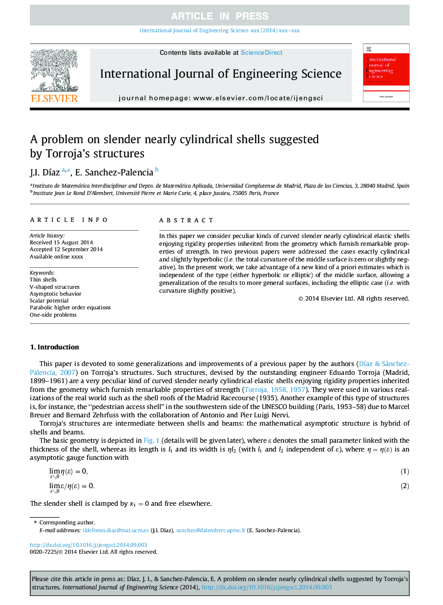 A problem on slender nearly cylindrical shells suggested by Torroja's structures