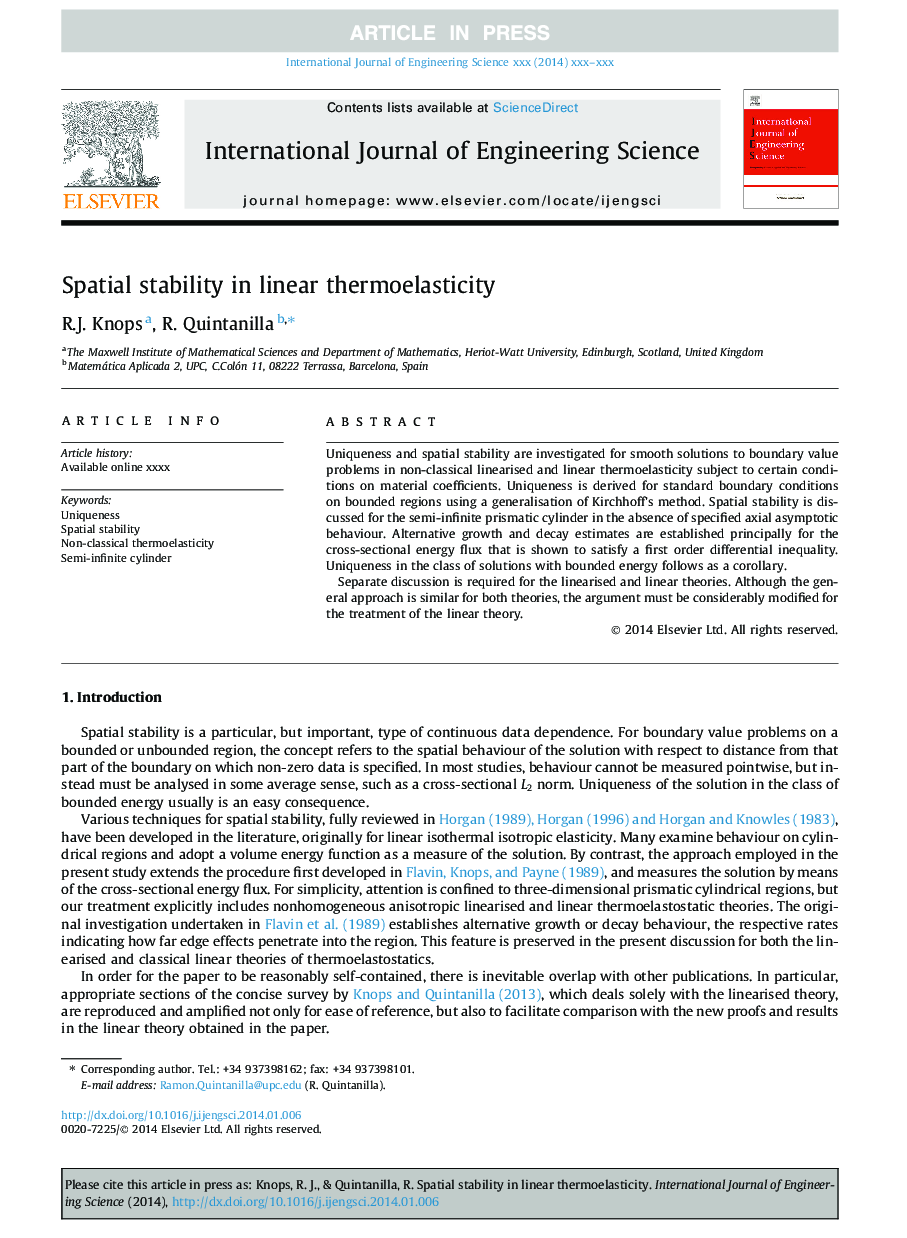 Spatial stability in linear thermoelasticity