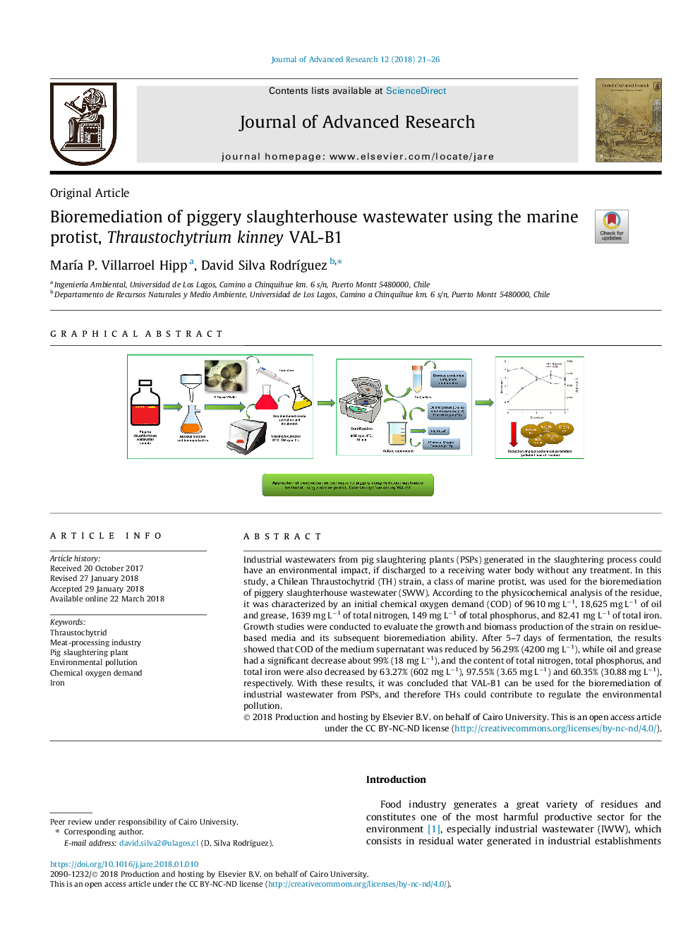 عکس صفحه اول مقاله: Bioremediation of piggery slaughterhouse wastewater using the marine protist, Thraustochytrium kinney VAL-B1 Bioremediation of piggery slaughterhouse wastewater using the marine protist, Thraustochytrium kinney VAL-B1