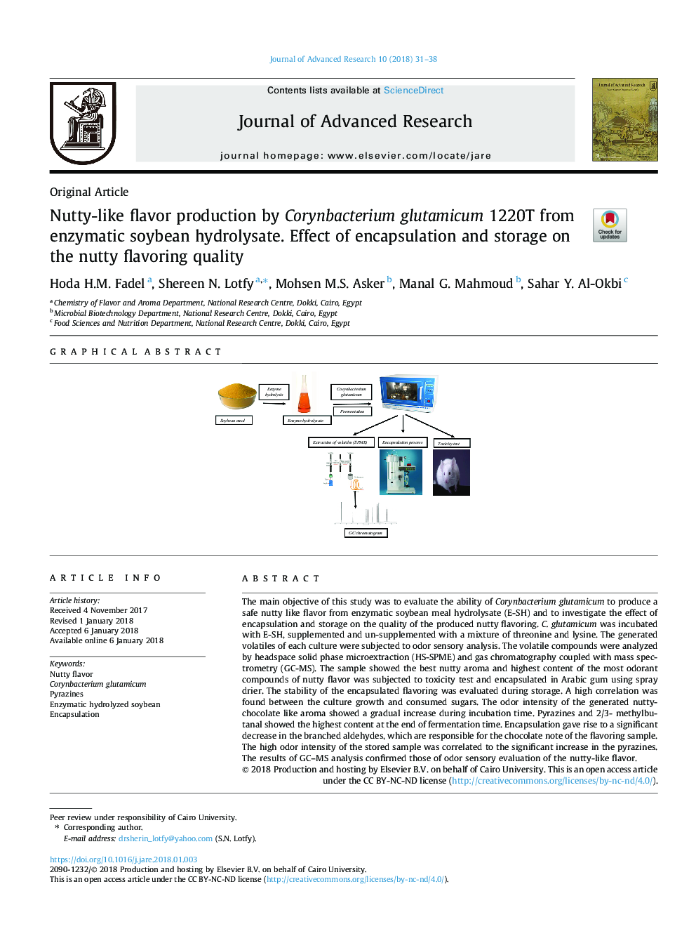 Nutty-like flavor production by Corynbacterium glutamicum 1220T from enzymatic soybean hydrolysate. Effect of encapsulation and storage on the nutty flavoring quality