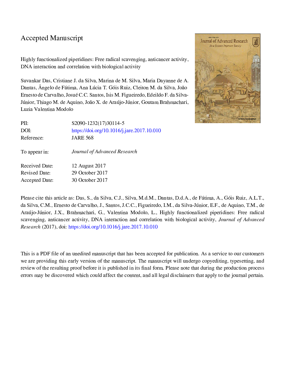 Highly functionalized piperidines: Free radical scavenging, anticancer activity, DNA interaction and correlation with biological activity