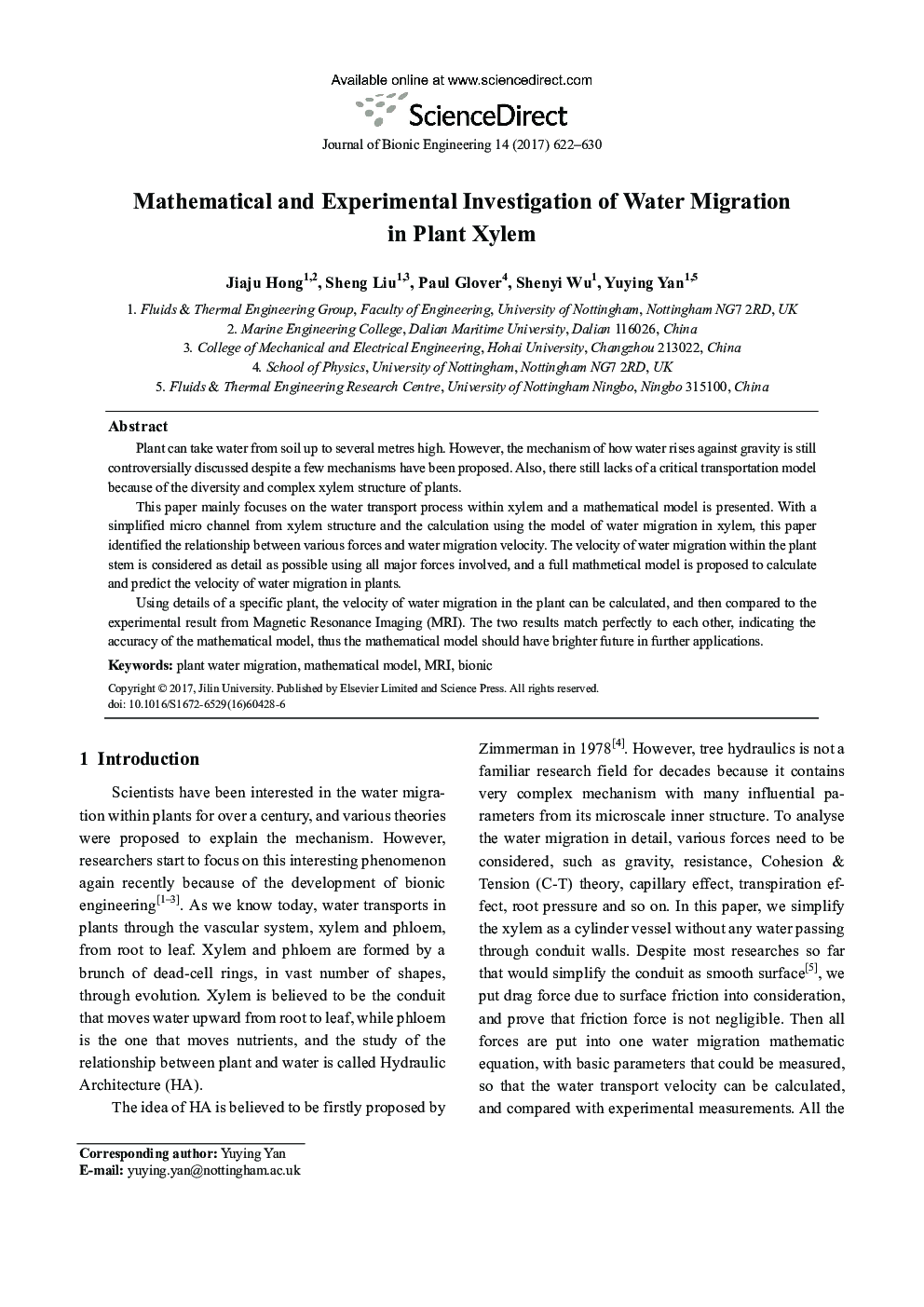 Mathematical and Experimental Investigation of Water Migration in Plant Xylem