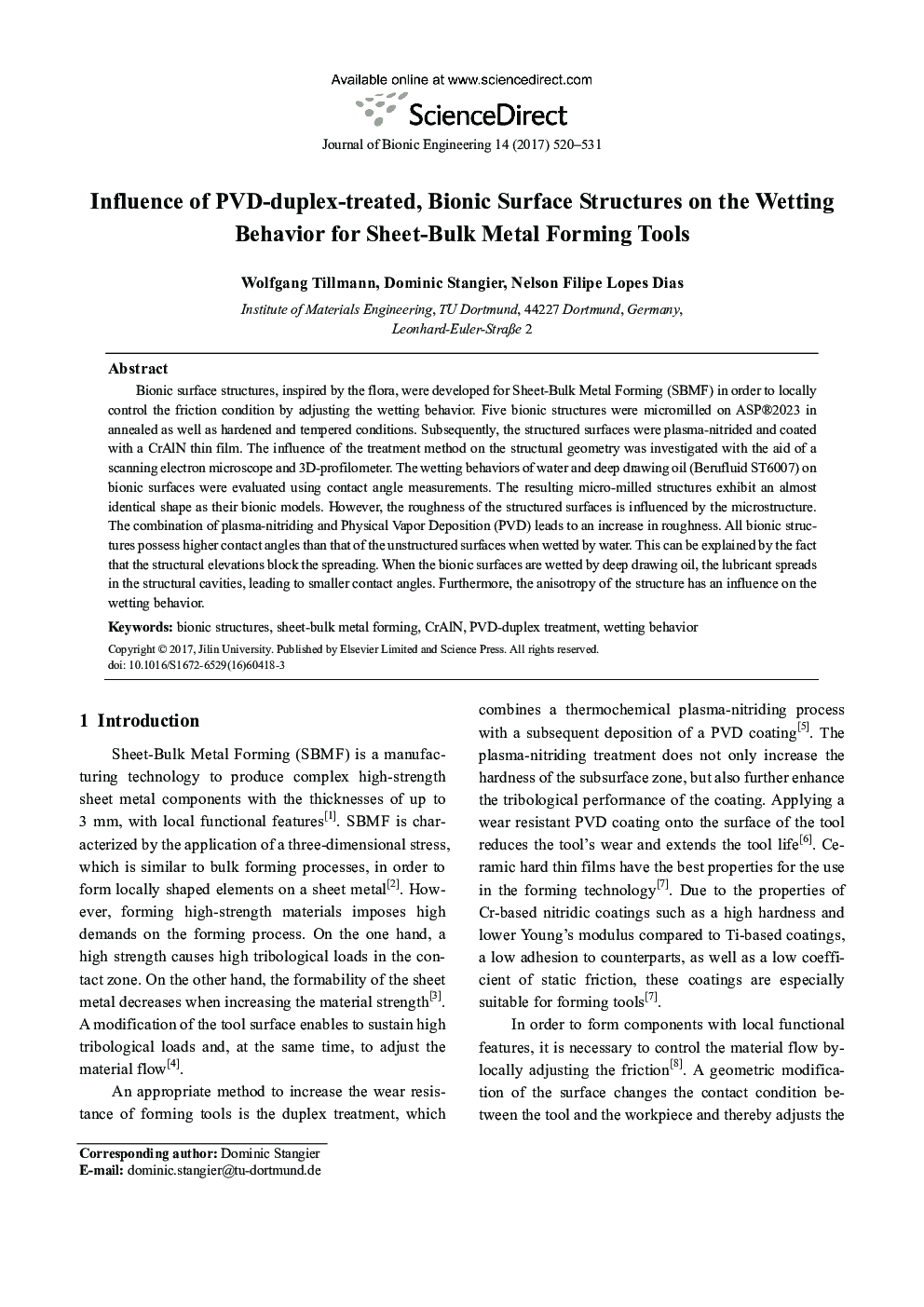 Influence of PVD-duplex-treated, Bionic Surface Structures on the Wetting Behavior for Sheet-Bulk Metal Forming Tools