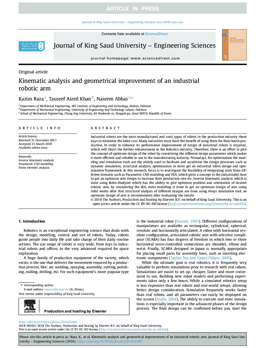 Kinematic analysis and geometrical improvement of an industrial robotic arm