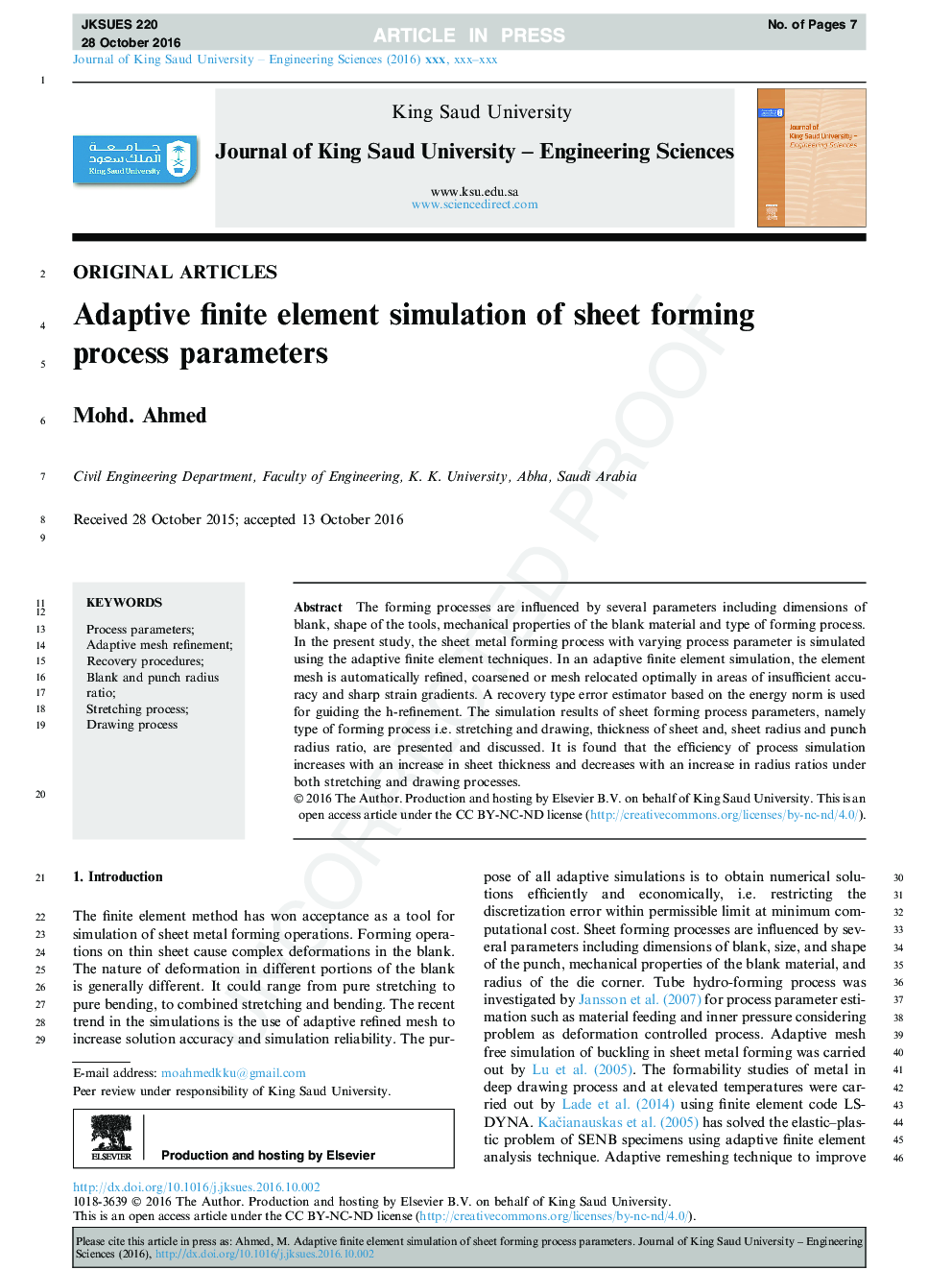 Adaptive finite element simulation of sheet forming process parameters