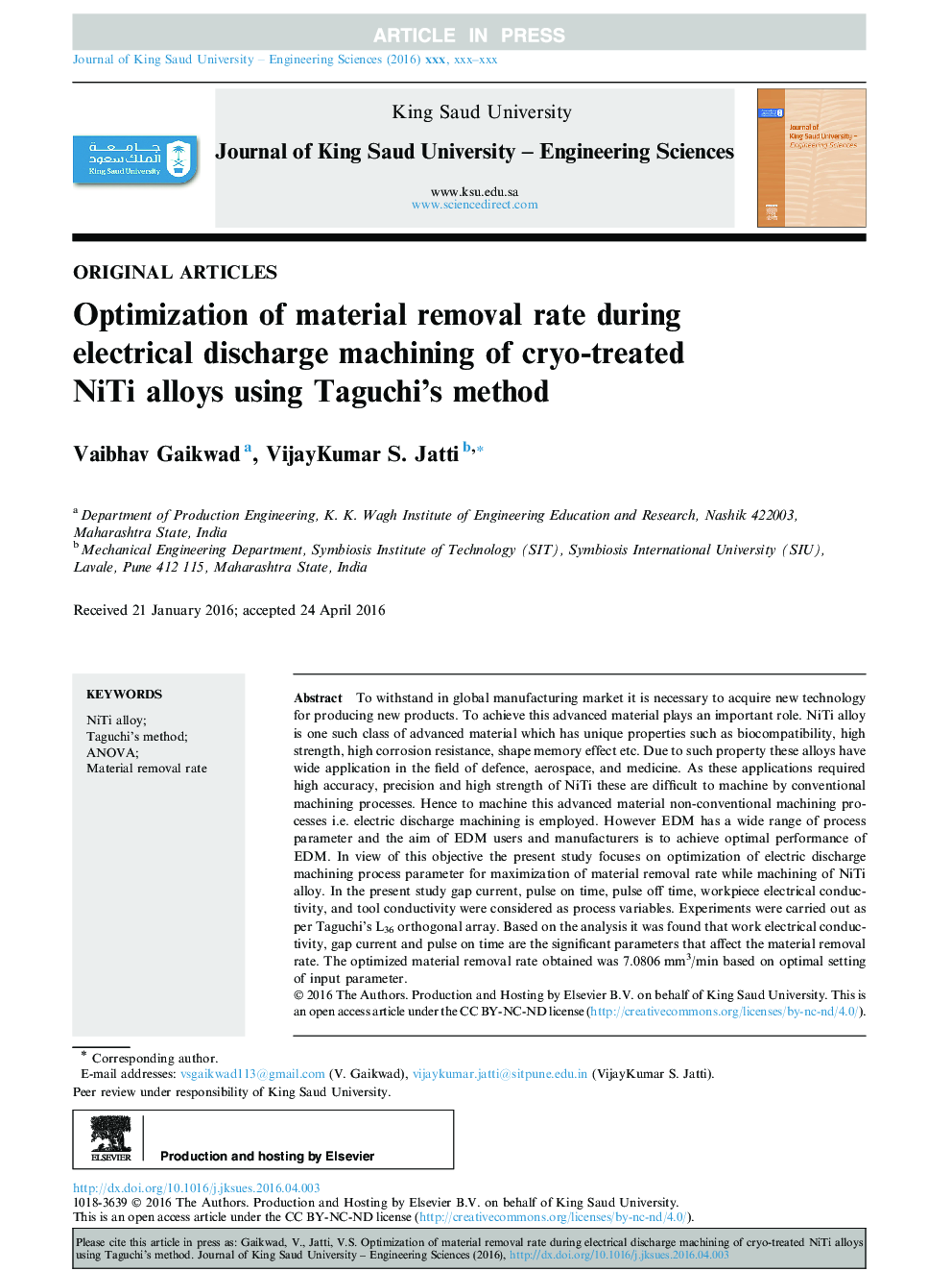 Optimization of material removal rate during electrical discharge machining of cryo-treated NiTi alloys using Taguchi's method