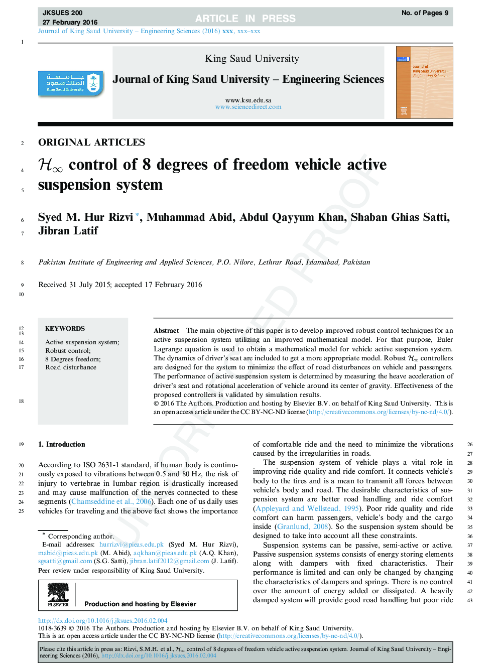 Hâ control of 8 degrees of freedom vehicle active suspension system
