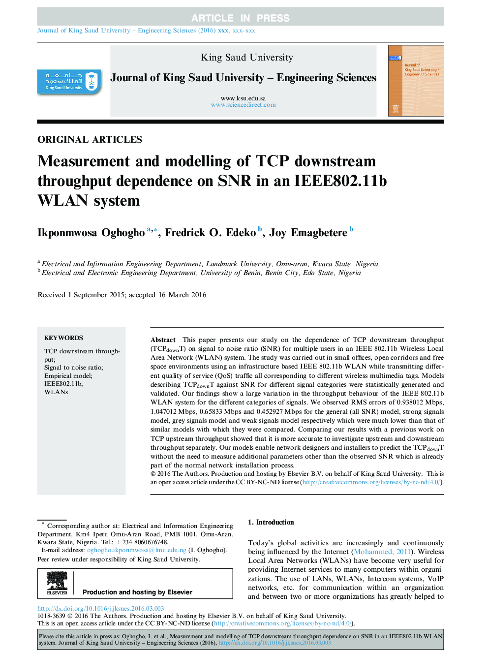 Measurement and modelling of TCP downstream throughput dependence on SNR in an IEEE802.11b WLAN system