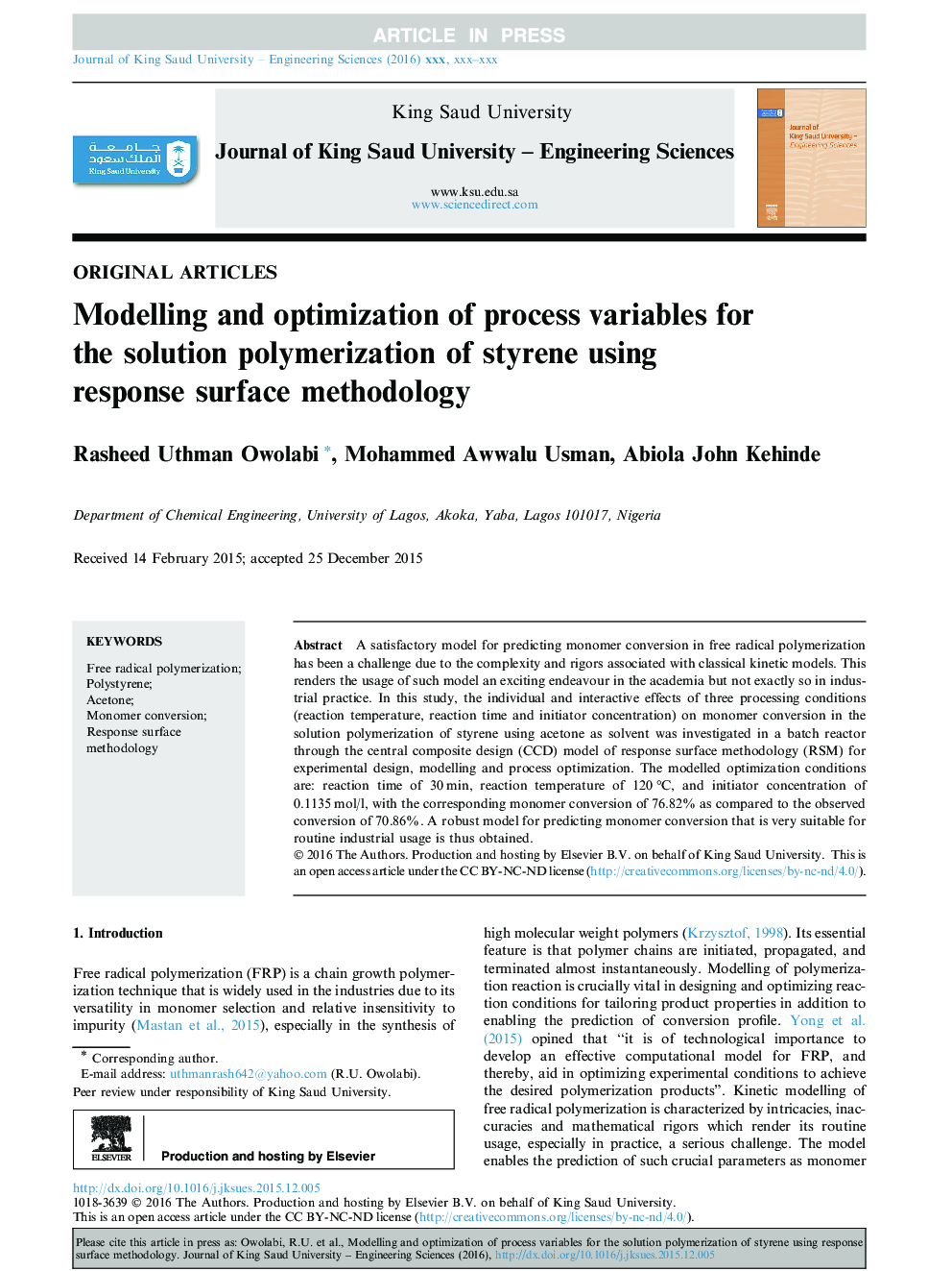 Modelling and optimization of process variables for the solution polymerization of styrene using response surface methodology