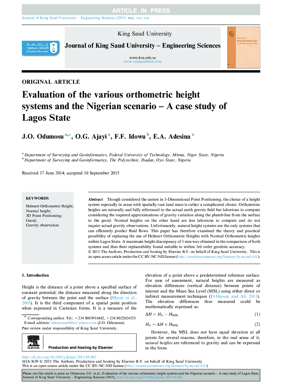 Evaluation of the various orthometric height systems and the Nigerian scenario - A case study of Lagos State