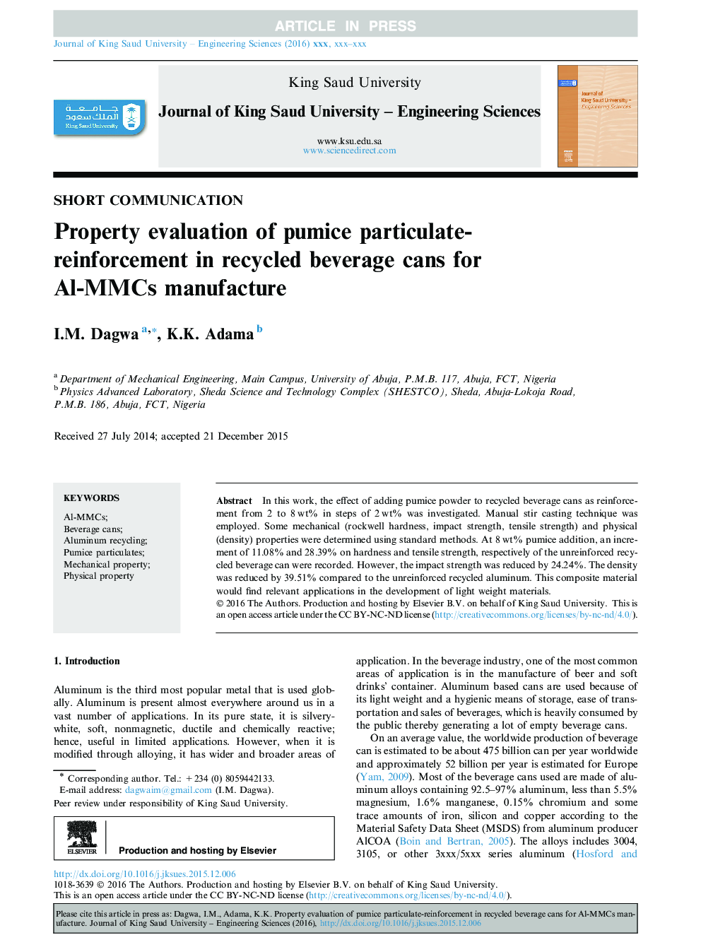 Property evaluation of pumice particulate-reinforcement in recycled beverage cans for Al-MMCs manufacture