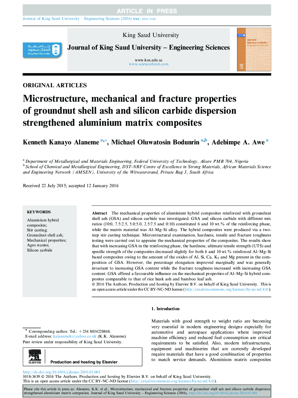 Microstructure, mechanical and fracture properties of groundnut shell ash and silicon carbide dispersion strengthened aluminium matrix composites