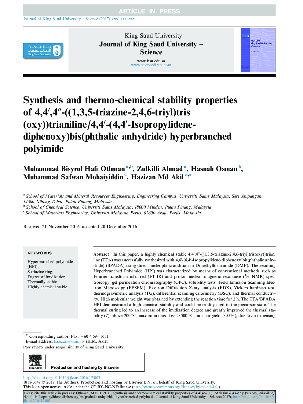 Synthesis and thermo-chemical stability properties of 4,4â²,4â³-((1,3,5-triazine-2,4,6-triyl)tris(oxy))trianiline/4,4â²-(4,4â²-Isopropylidene-diphenoxy)bis(phthalic anhydride) hyperbranched polyimide