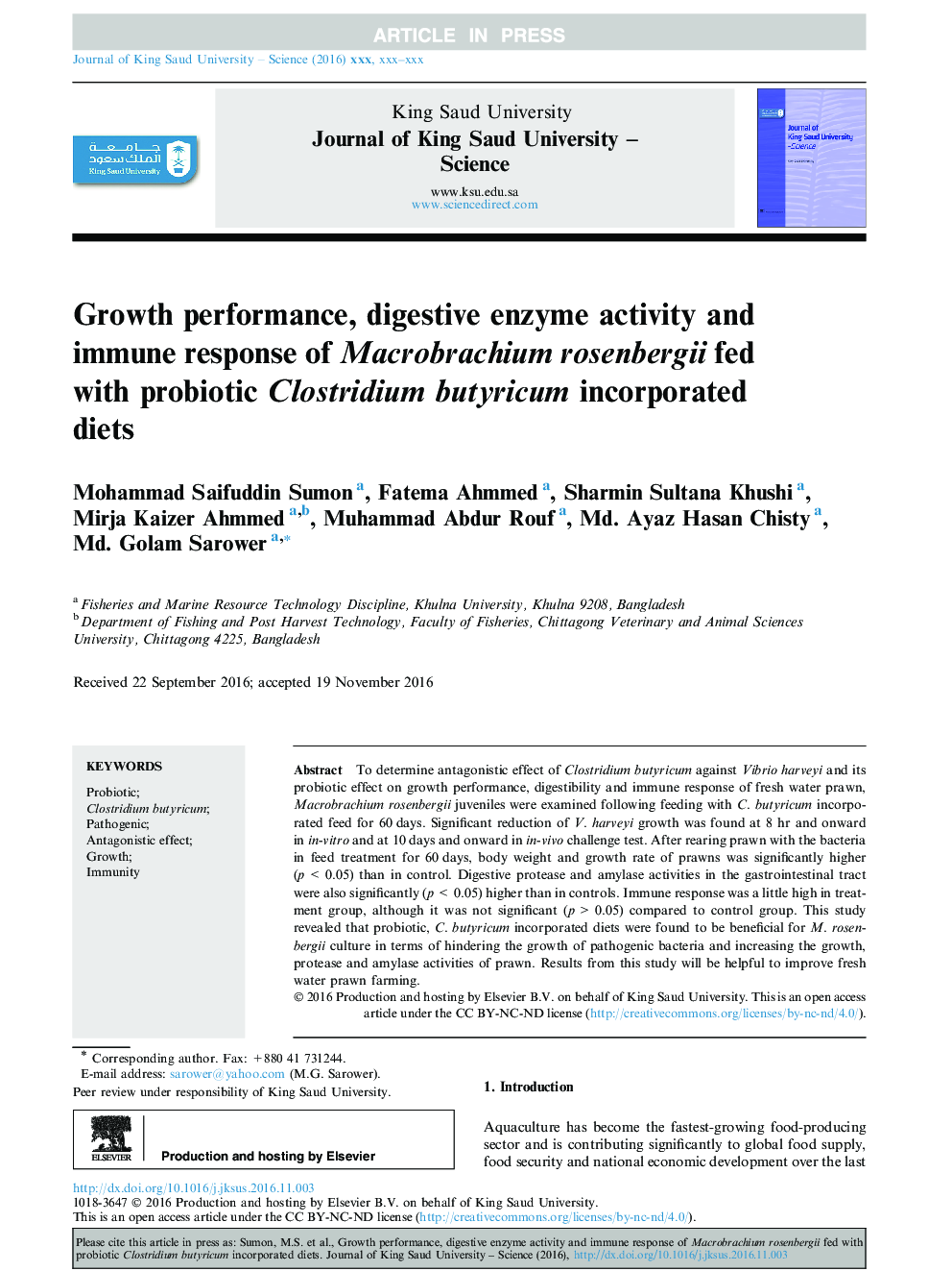 Growth performance, digestive enzyme activity and immune response of Macrobrachium rosenbergii fed with probiotic Clostridium butyricum incorporated diets