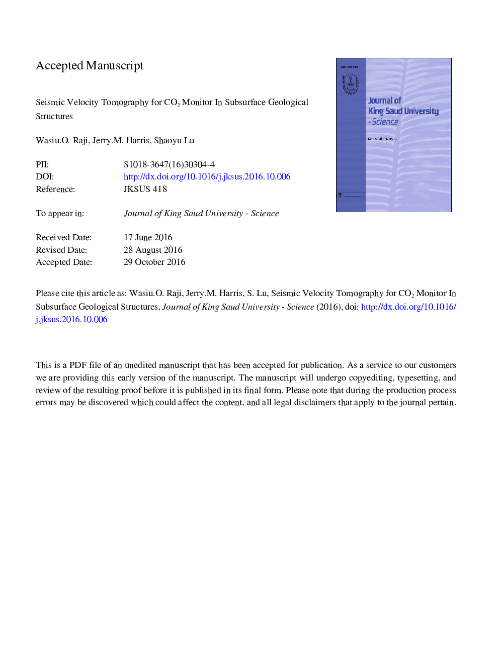 Seismic velocity tomography for CO2 monitor in subsurface geological structures