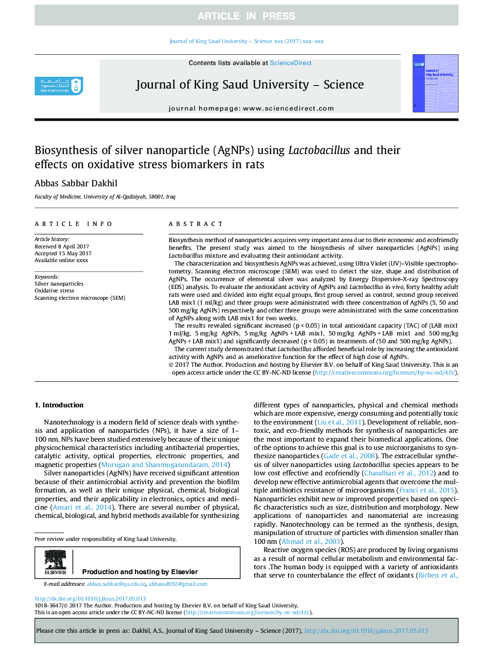 Biosynthesis of silver nanoparticle (AgNPs) using Lactobacillus and their effects on oxidative stress biomarkers in rats