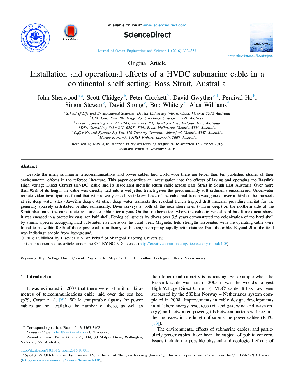 Installation and operational effects of a HVDC submarine cable in a continental shelf setting: Bass Strait, Australia