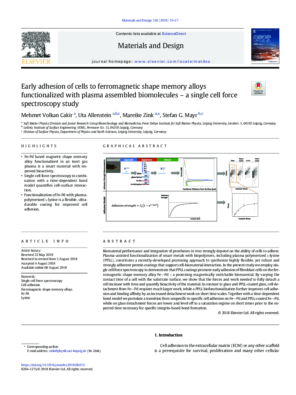 Early adhesion of cells to ferromagnetic shape memory alloys functionalized with plasma assembled biomolecules - a single cell force spectroscopy study