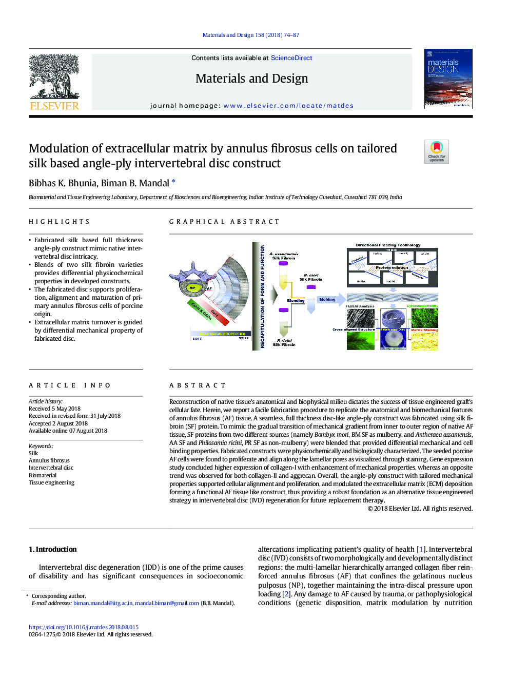 Modulation of extracellular matrix by annulus fibrosus cells on tailored silk based angle-ply intervertebral disc construct