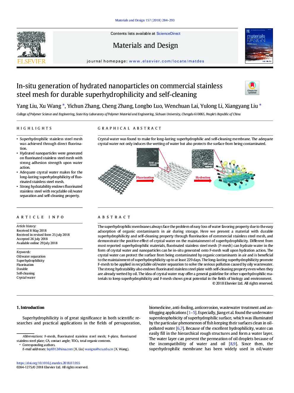 In-situ generation of hydrated nanoparticles on commercial stainless steel mesh for durable superhydrophilicity and self-cleaning