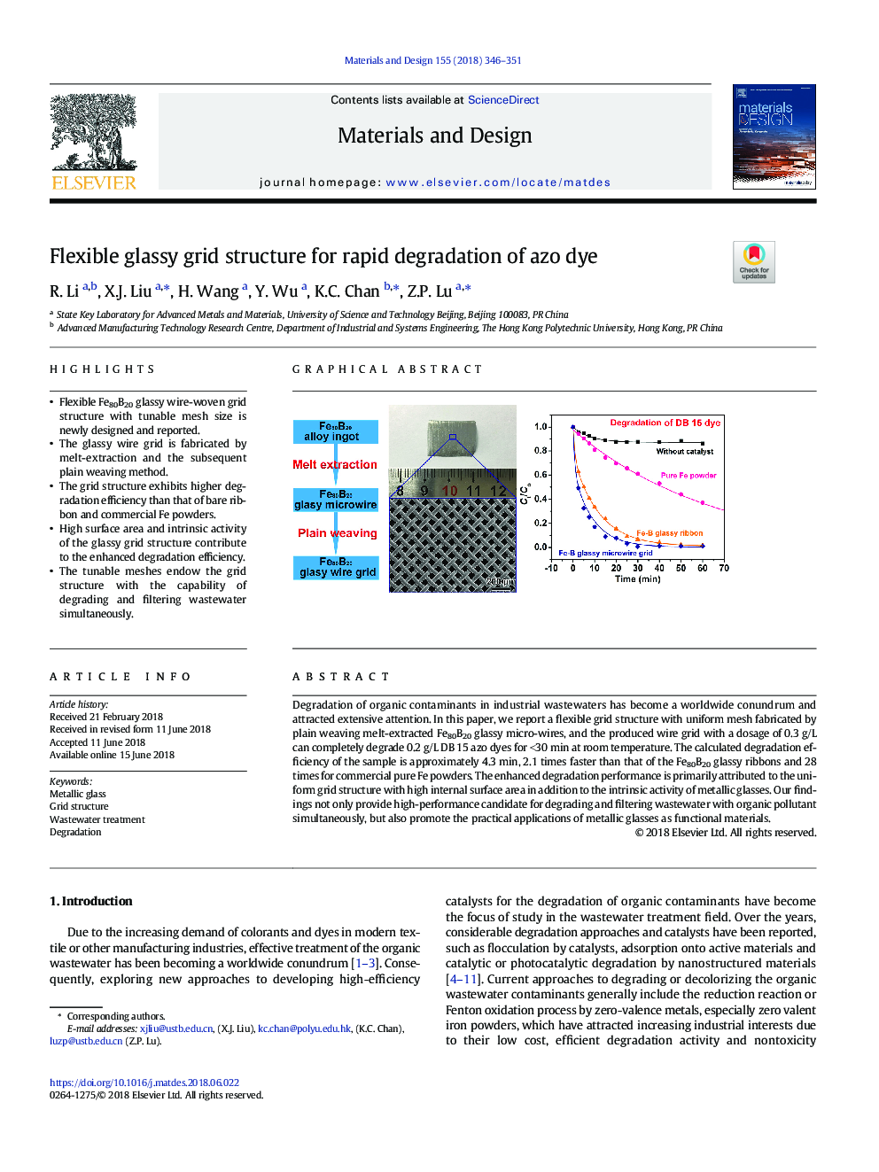 Flexible glassy grid structure for rapid degradation of azo dye