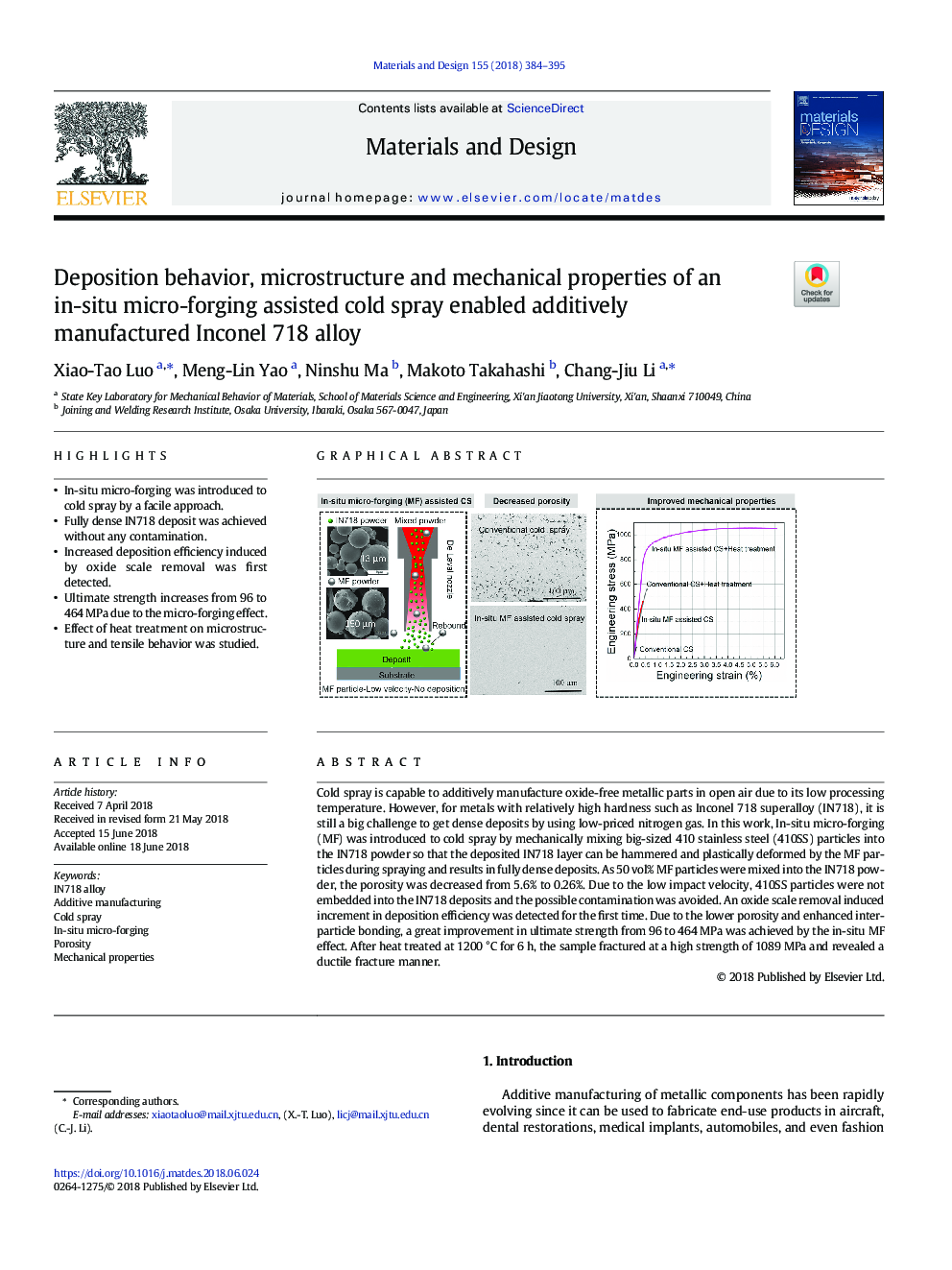 Deposition behavior, microstructure and mechanical properties of an in-situ micro-forging assisted cold spray enabled additively manufactured Inconel 718 alloy