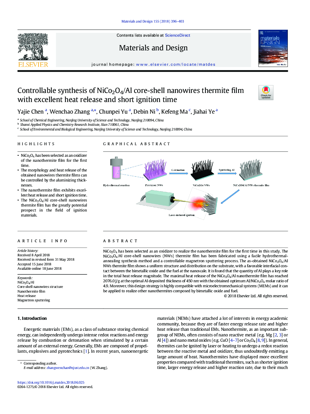 Controllable synthesis of NiCo2O4/Al core-shell nanowires thermite film with excellent heat release and short ignition time