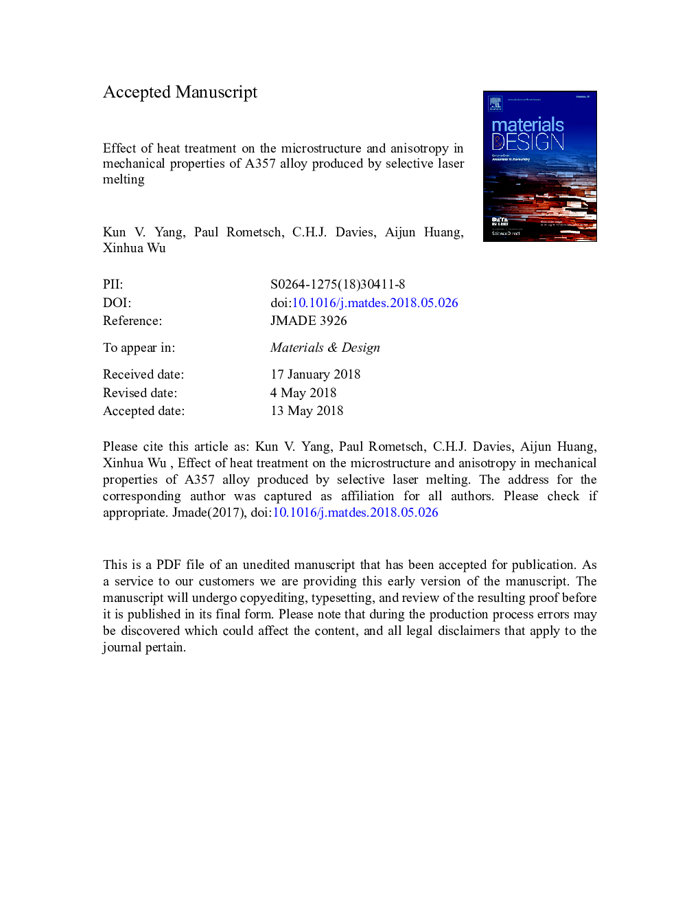 Effect of heat treatment on the microstructure and anisotropy in mechanical properties of A357 alloy produced by selective laser melting