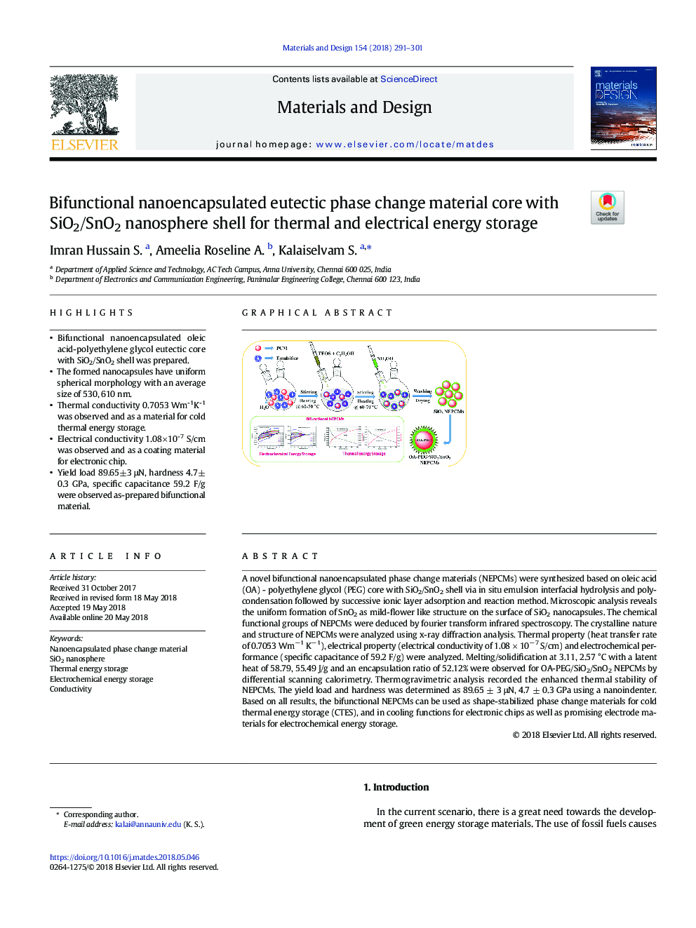 Bifunctional nanoencapsulated eutectic phase change material core with SiO2/SnO2 nanosphere shell for thermal and electrical energy storage