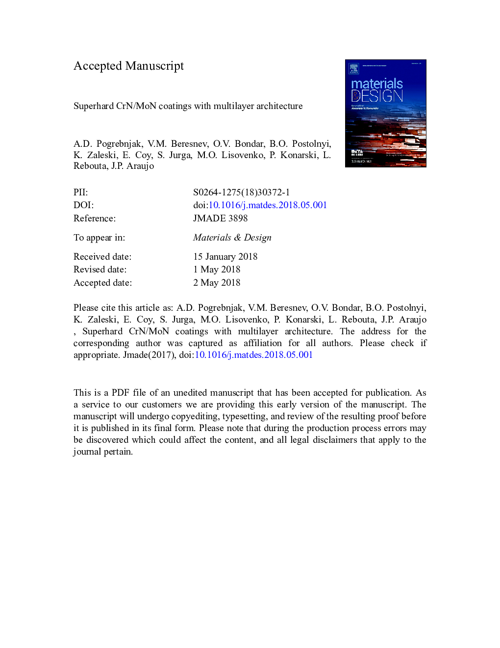 Superhard CrN/MoN coatings with multilayer architecture