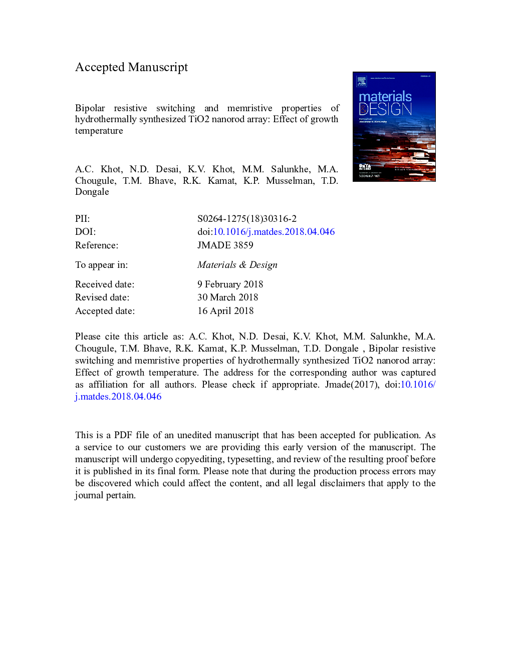 Bipolar resistive switching and memristive properties of hydrothermally synthesized TiO2 nanorod array: Effect of growth temperature