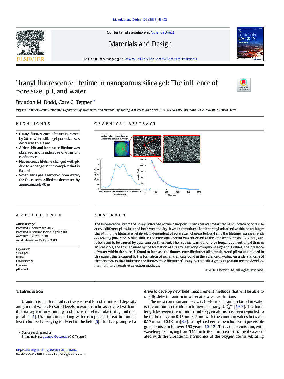 Uranyl fluorescence lifetime in nanoporous silica gel: The influence of pore size, pH, and water