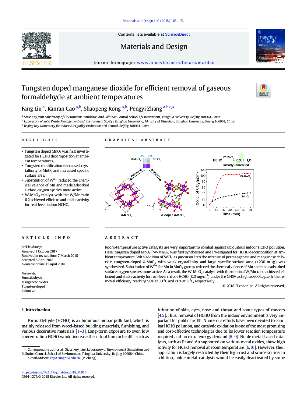 Tungsten doped manganese dioxide for efficient removal of gaseous formaldehyde at ambient temperatures