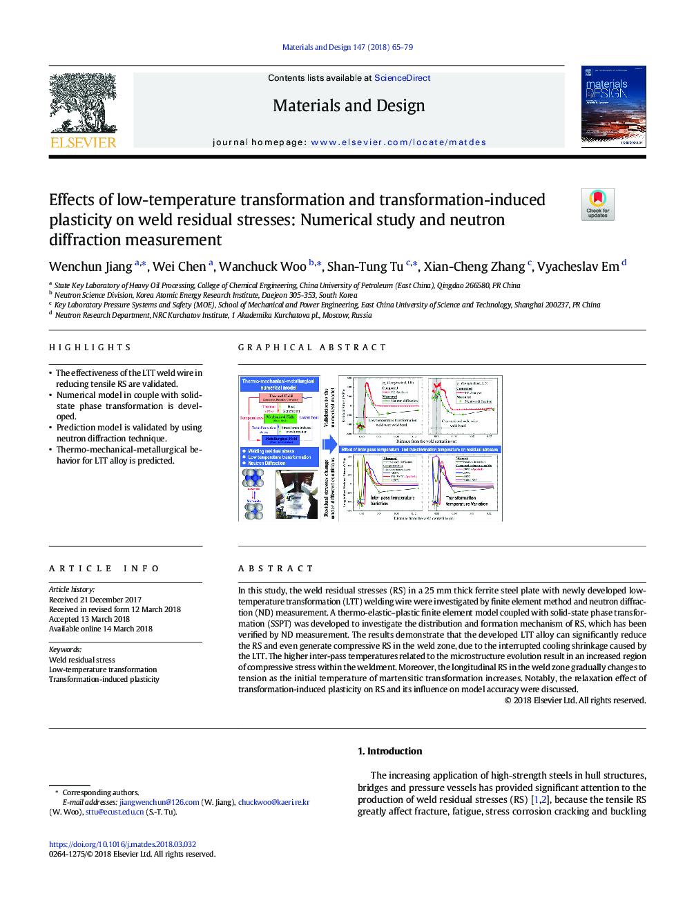 Effects of low-temperature transformation and transformation-induced plasticity on weld residual stresses: Numerical study and neutron diffraction measurement