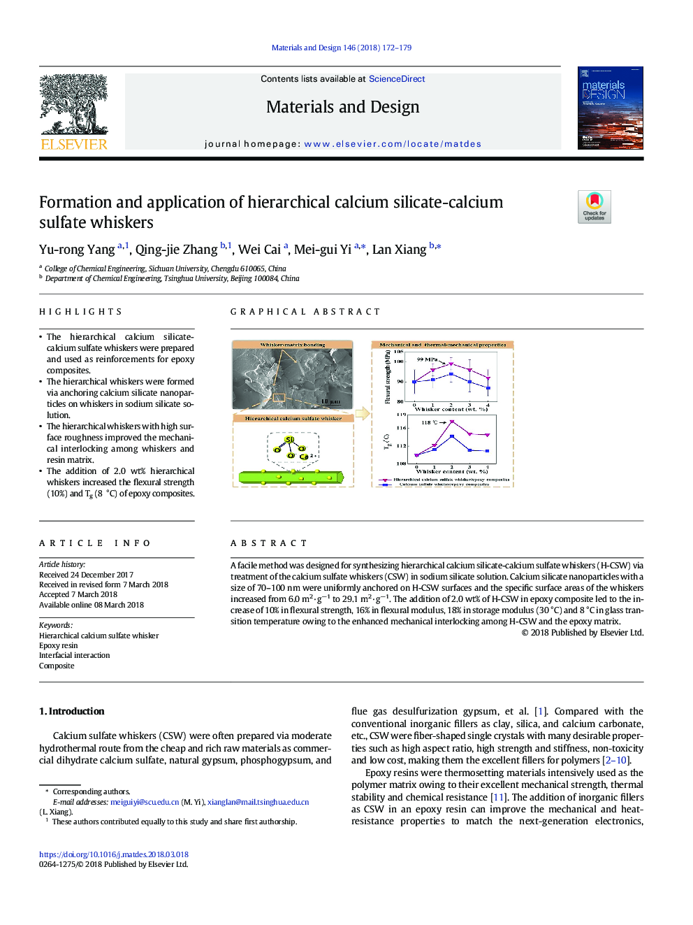 Formation and application of hierarchical calcium silicate-calcium sulfate whiskers