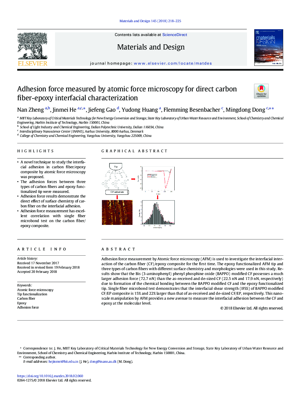 Adhesion force measured by atomic force microscopy for direct carbon fiber-epoxy interfacial characterization