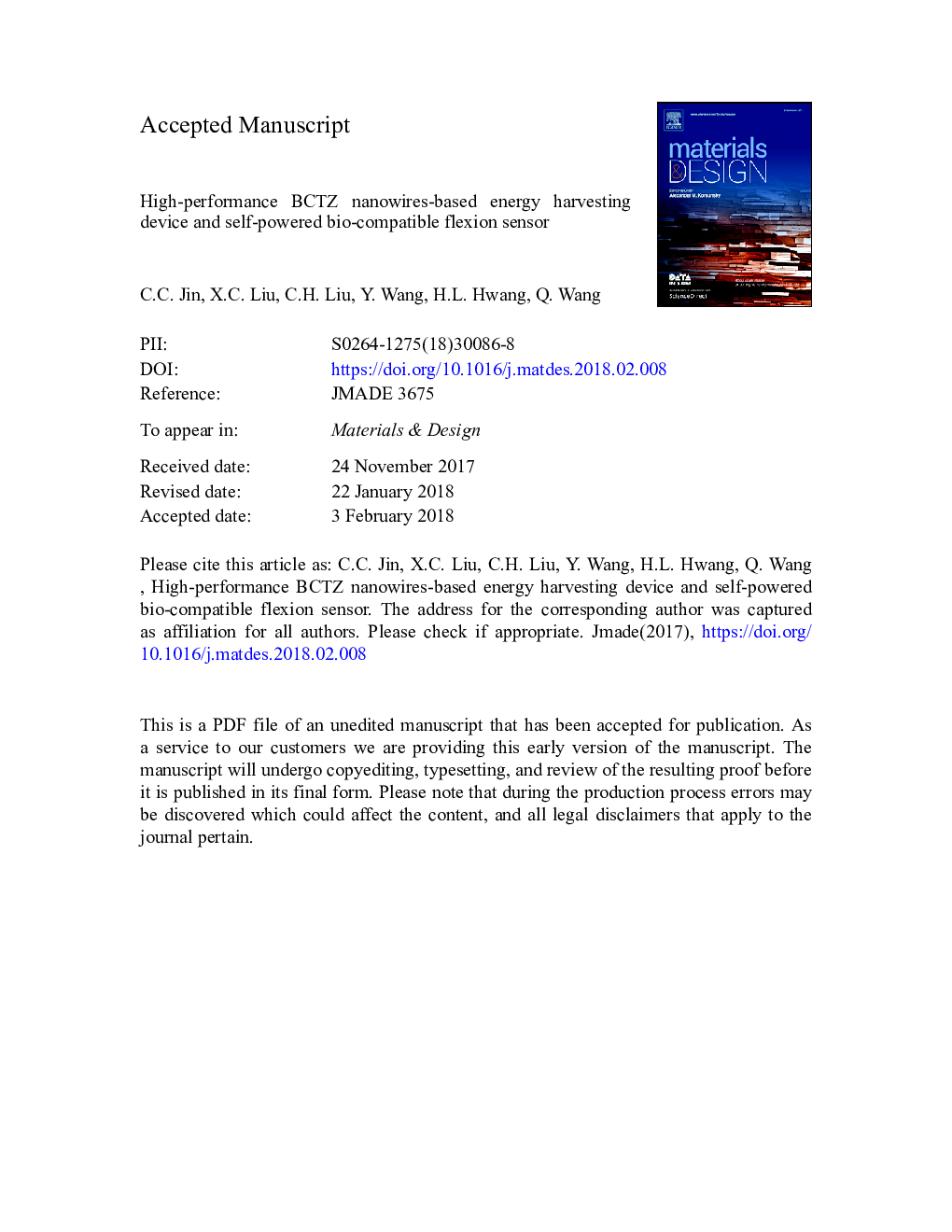 High-performance BCTZ nanowires-based energy harvesting device and self-powered bio-compatible flexion sensor