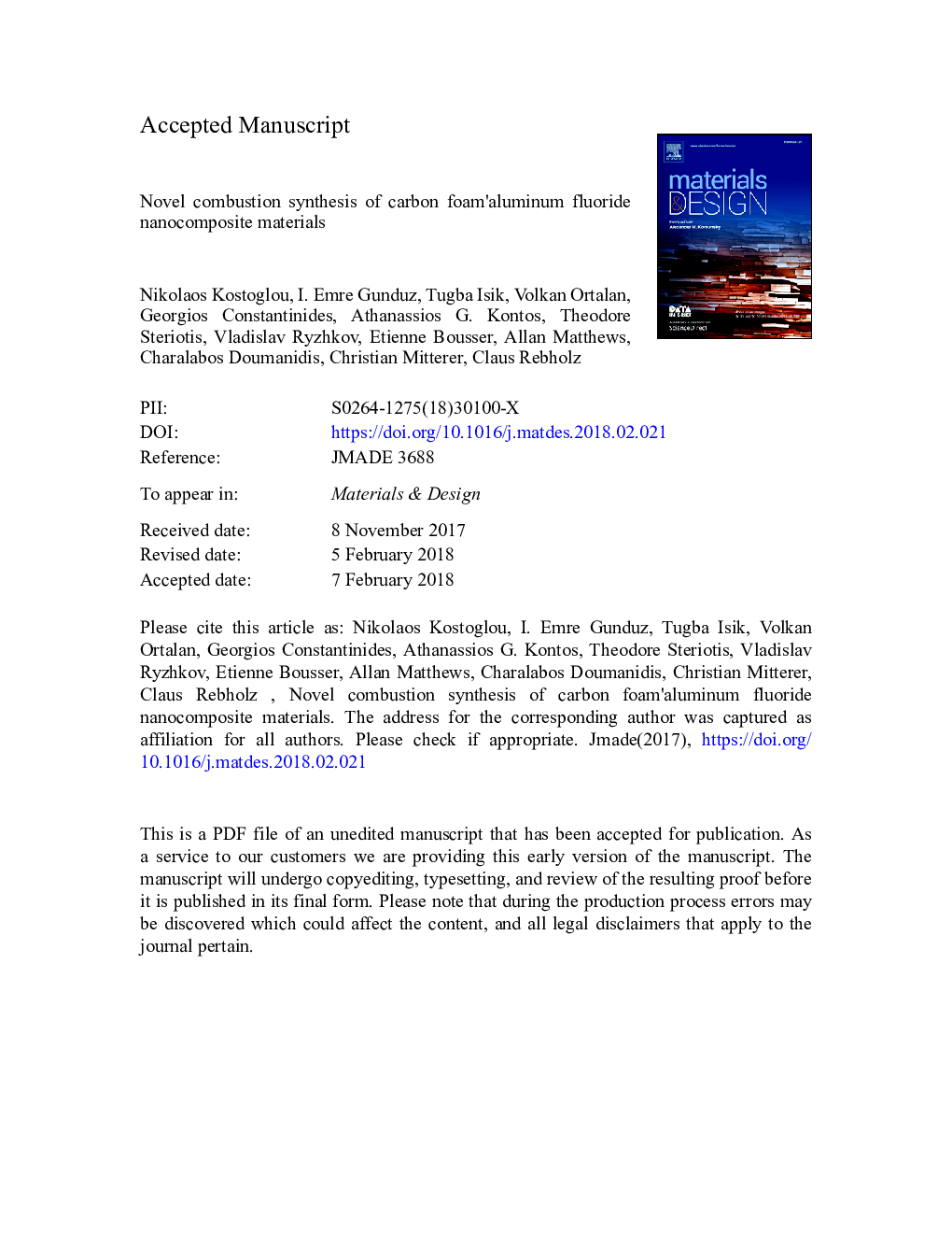 Novel combustion synthesis of carbon foamâaluminum fluoride nanocomposite materials