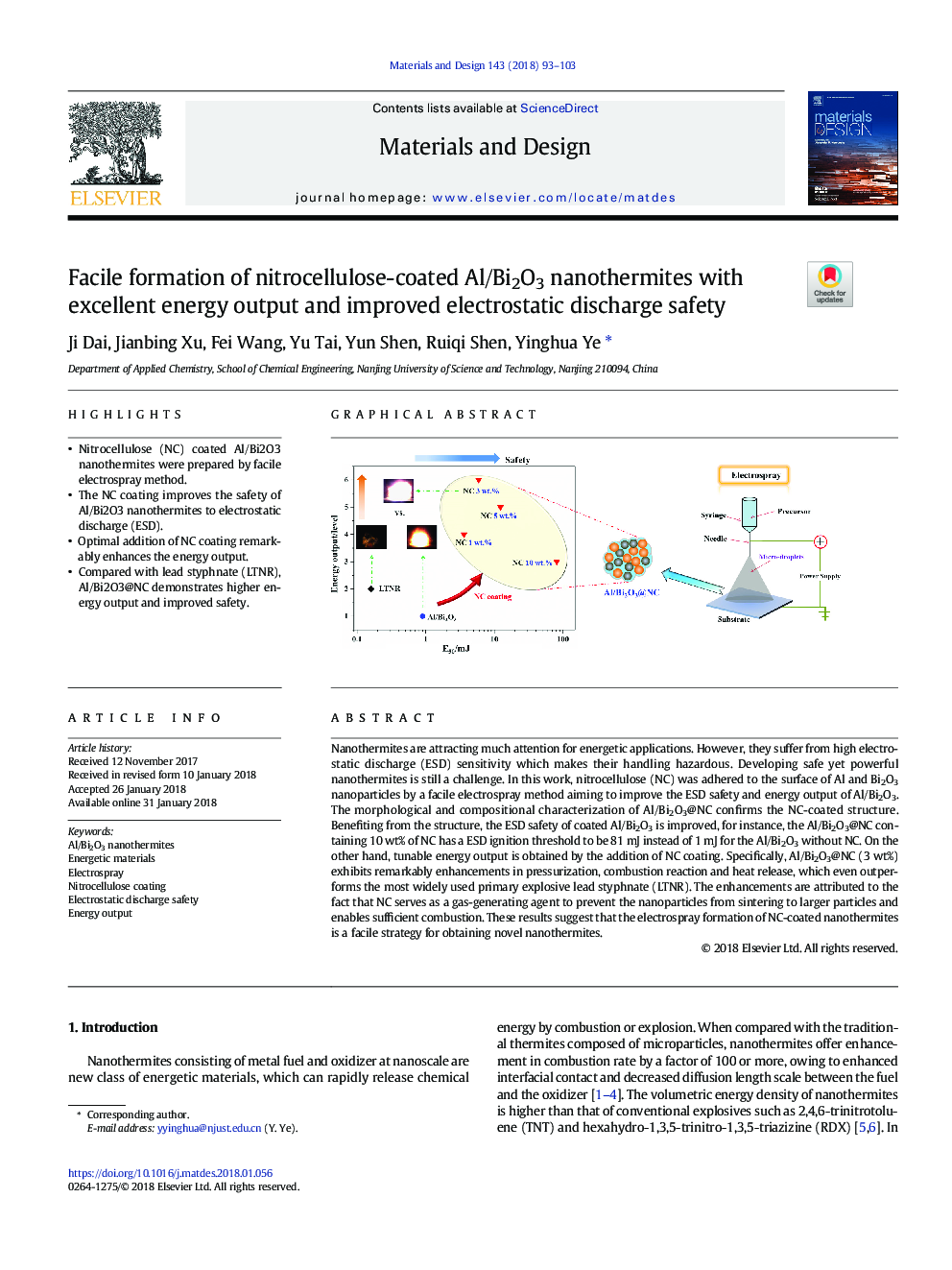 Facile formation of nitrocellulose-coated Al/Bi2O3 nanothermites with excellent energy output and improved electrostatic discharge safety