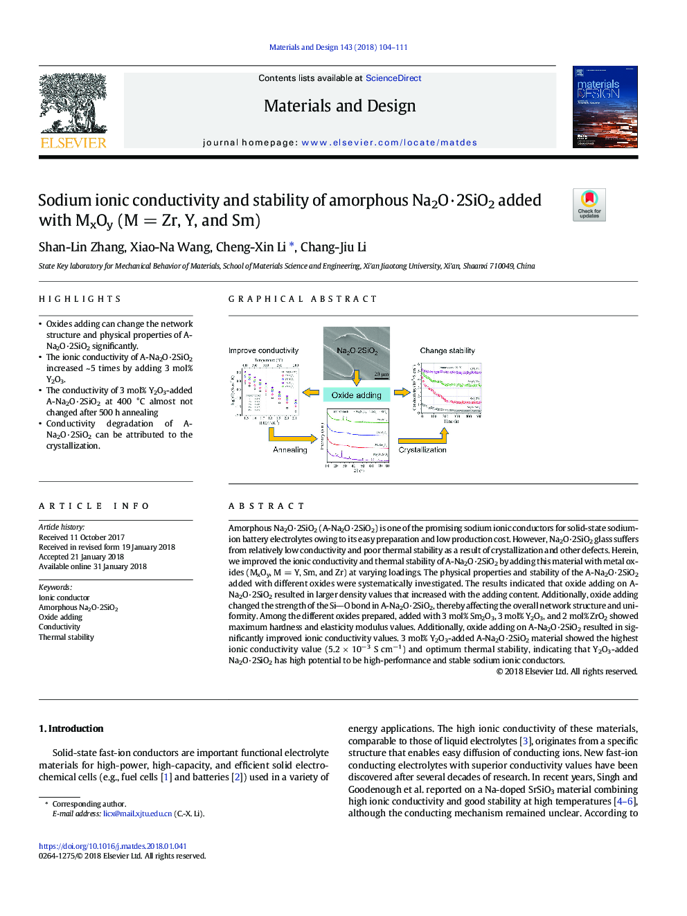 Sodium ionic conductivity and stability of amorphous Na2OÂ·2SiO2 added with MxOy (MÂ =Â Zr, Y, and Sm)