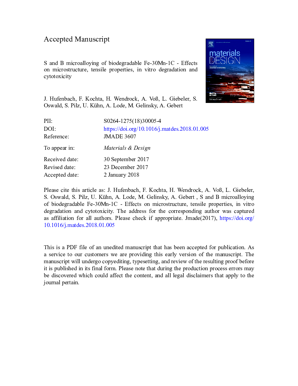 S and B microalloying of biodegradable Fe-30Mn-1C - Effects on microstructure, tensile properties, in vitro degradation and cytotoxicity