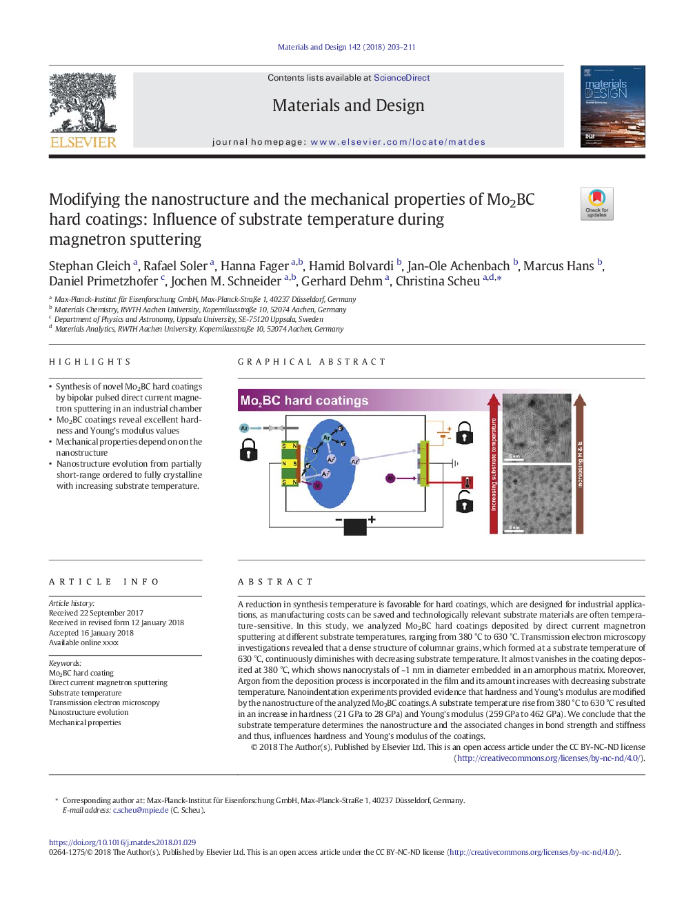 Modifying the nanostructure and the mechanical properties of Mo2BC hard coatings: Influence of substrate temperature during magnetron sputtering