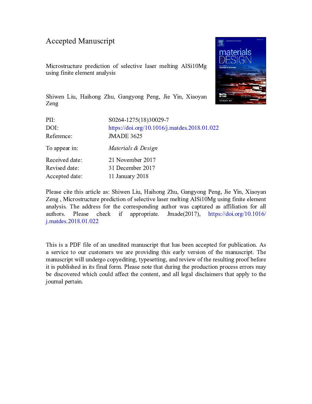 Microstructure prediction of selective laser melting AlSi10Mg using finite element analysis