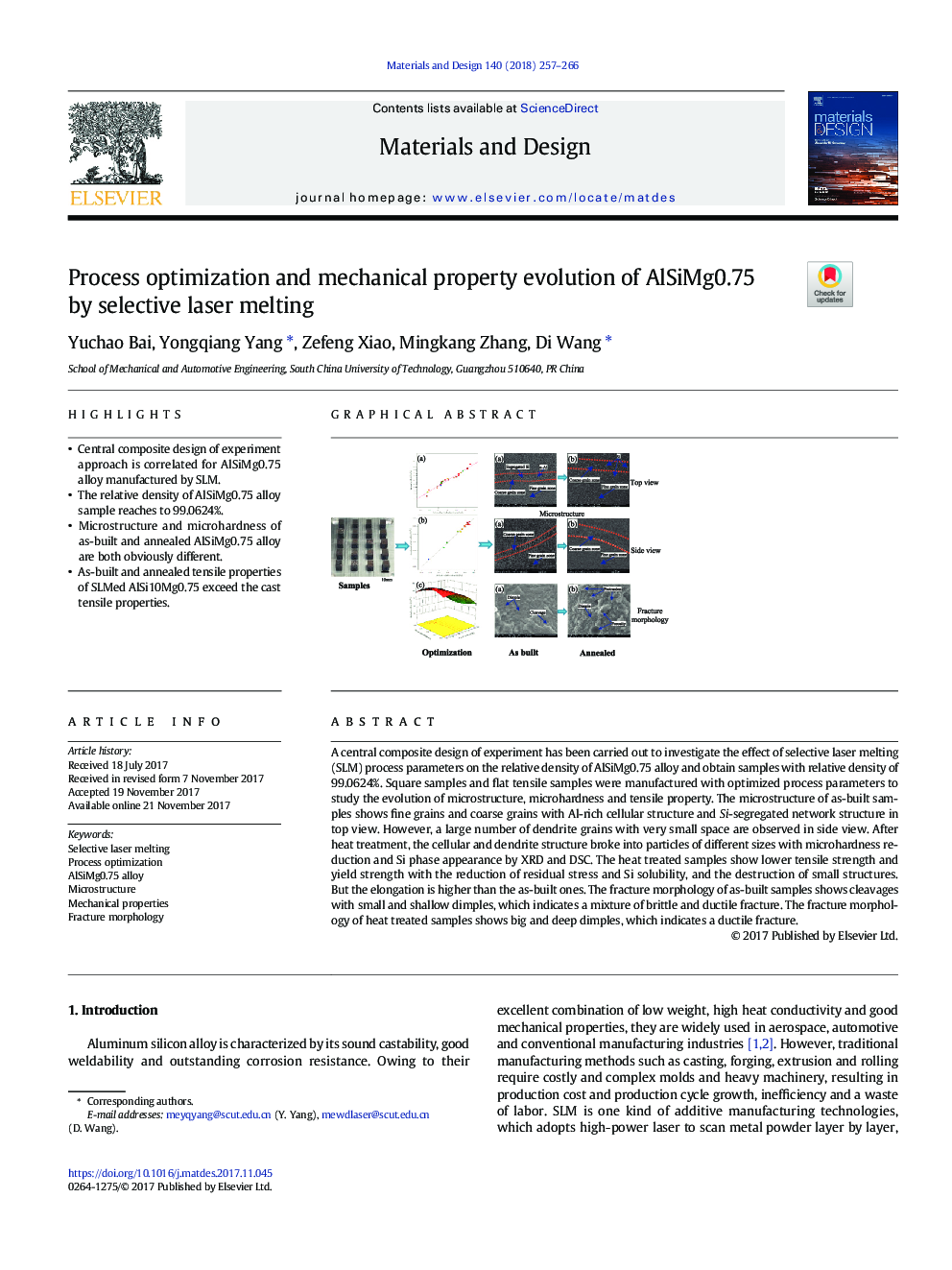 Process optimization and mechanical property evolution of AlSiMg0.75 by selective laser melting