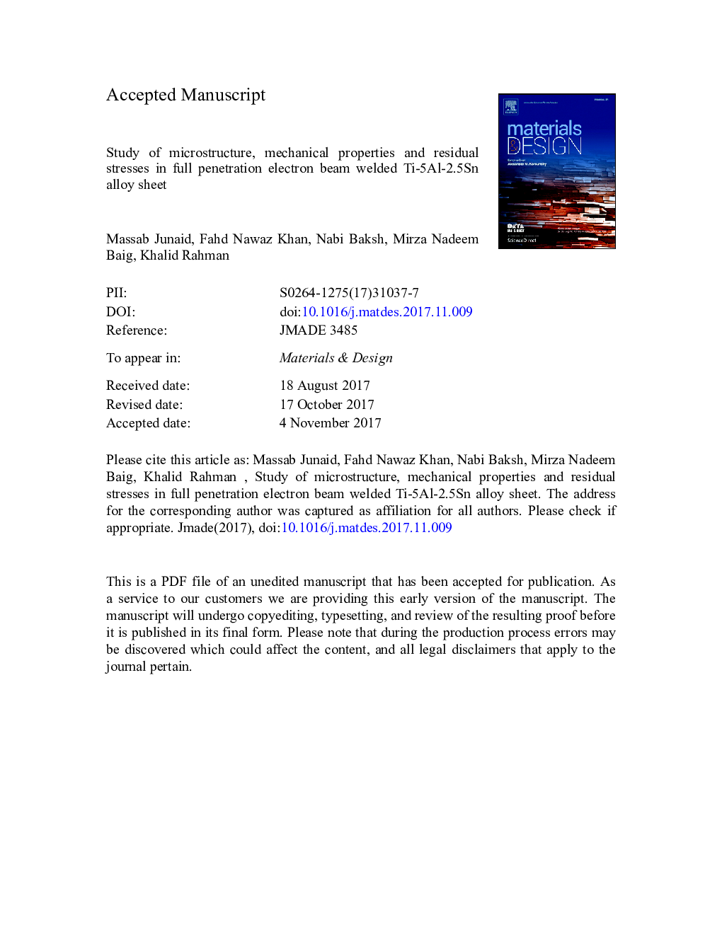 Study of microstructure, mechanical properties and residual stresses in full penetration electron beam welded Ti-5Al-2.5Sn alloy sheet