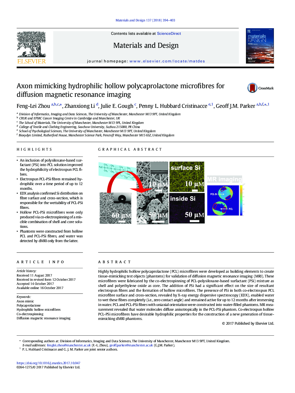 Axon mimicking hydrophilic hollow polycaprolactone microfibres for diffusion magnetic resonance imaging