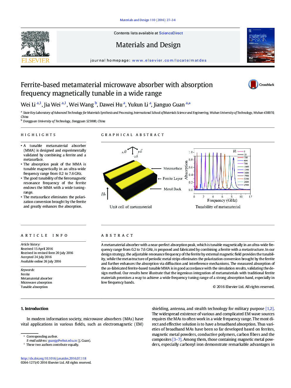 Ferrite-based metamaterial microwave absorber with absorption frequency magnetically tunable in a wide range