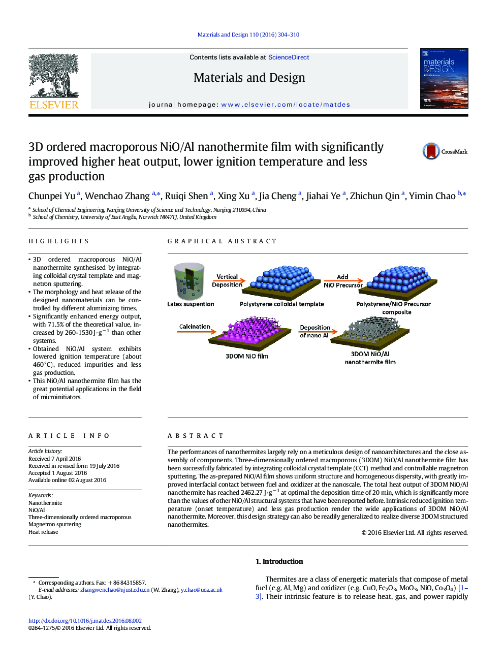 3D ordered macroporous NiO/Al nanothermite film with significantly improved higher heat output, lower ignition temperature and less gas production