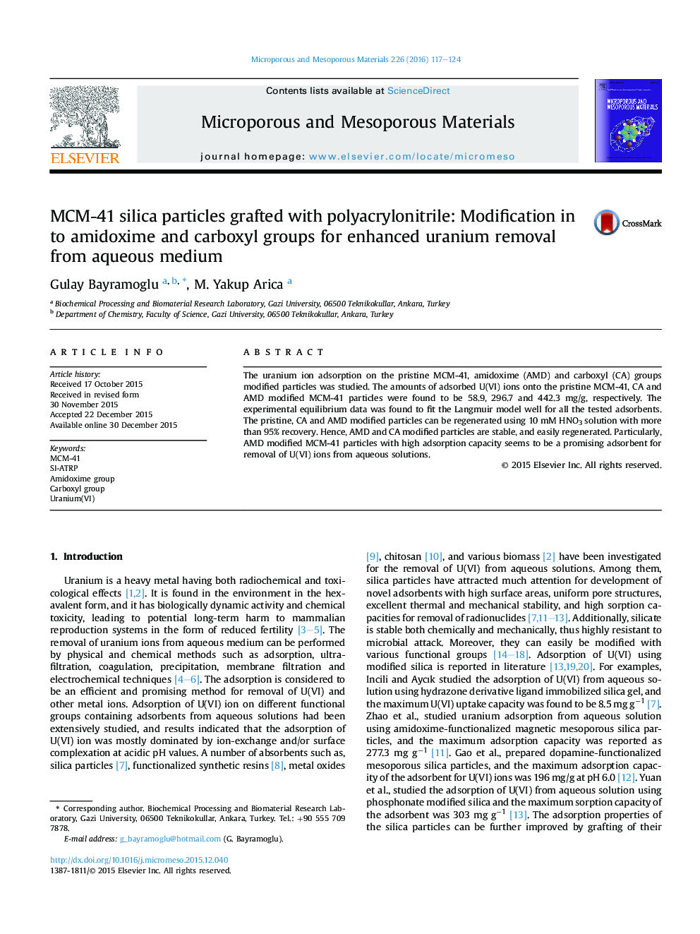 MCM-41 silica particles grafted with polyacrylonitrile: Modification in to amidoxime and carboxyl groups for enhanced uranium removal from aqueous medium